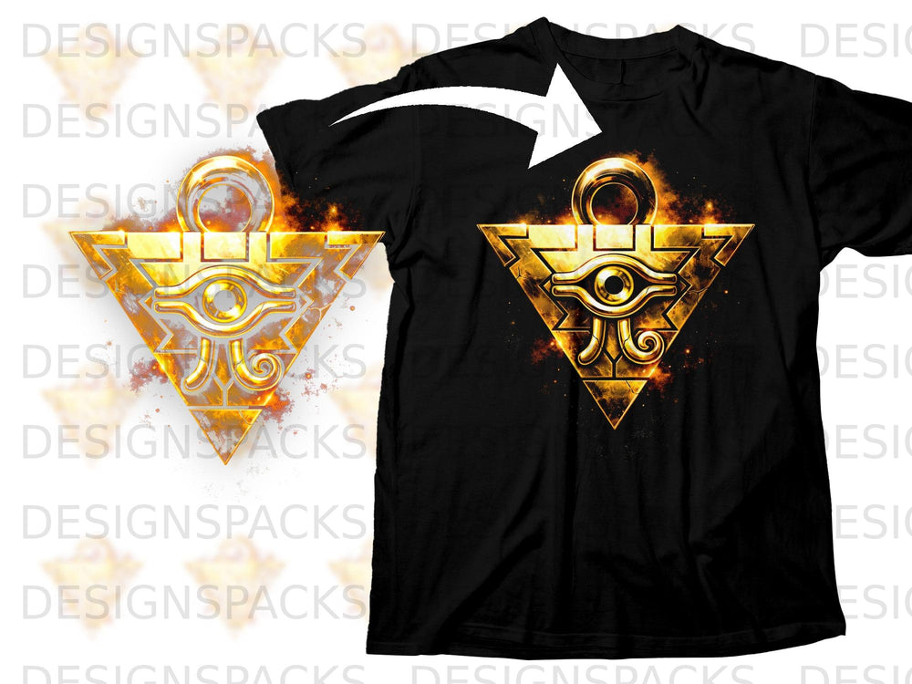 Black t-shirt with a golden Eye of Horus symbol with fire accents.