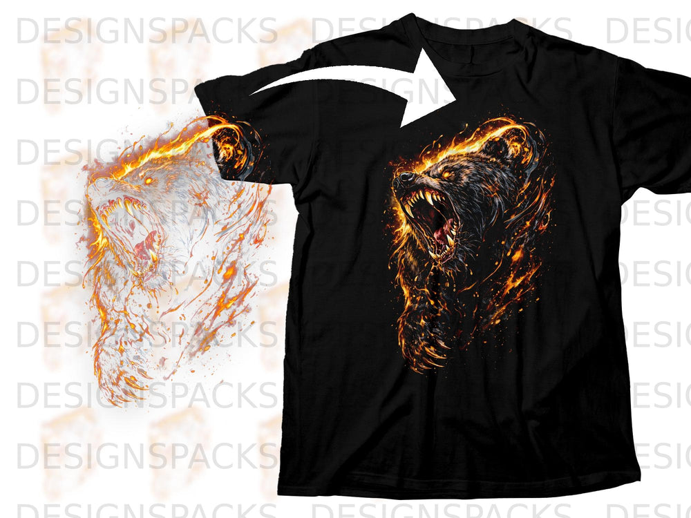 Black t-shirt with a fiery bear graphic on the front left chest.
