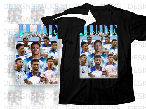 Collage of Jude Bellingham in England football kit on black t-shirt.