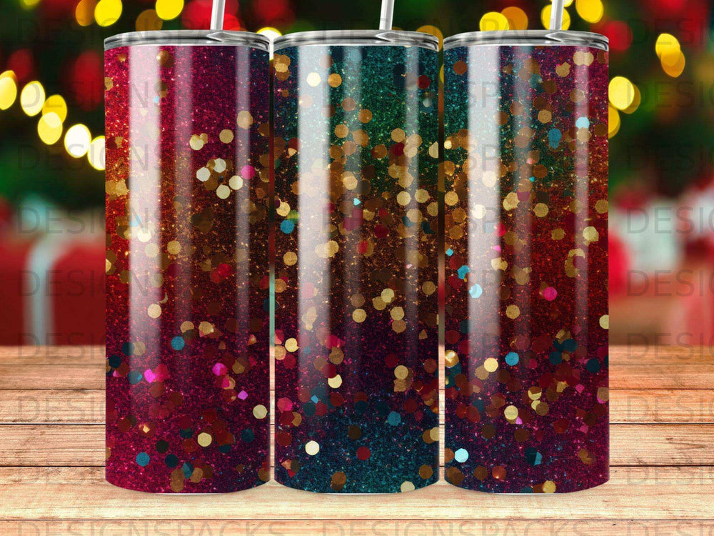 Three tumblers with a shimmering, colorful glitter pattern.