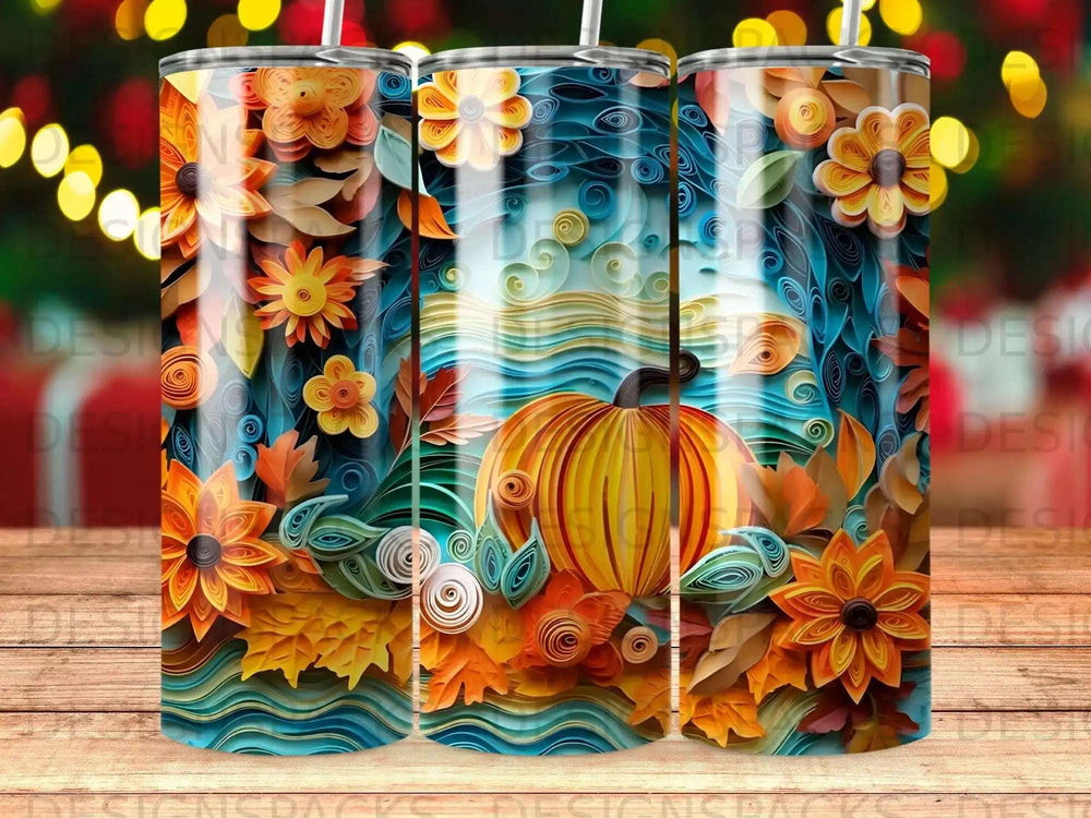 Autumn pumpkin and floral design on a tumbler, with warm fall colors.