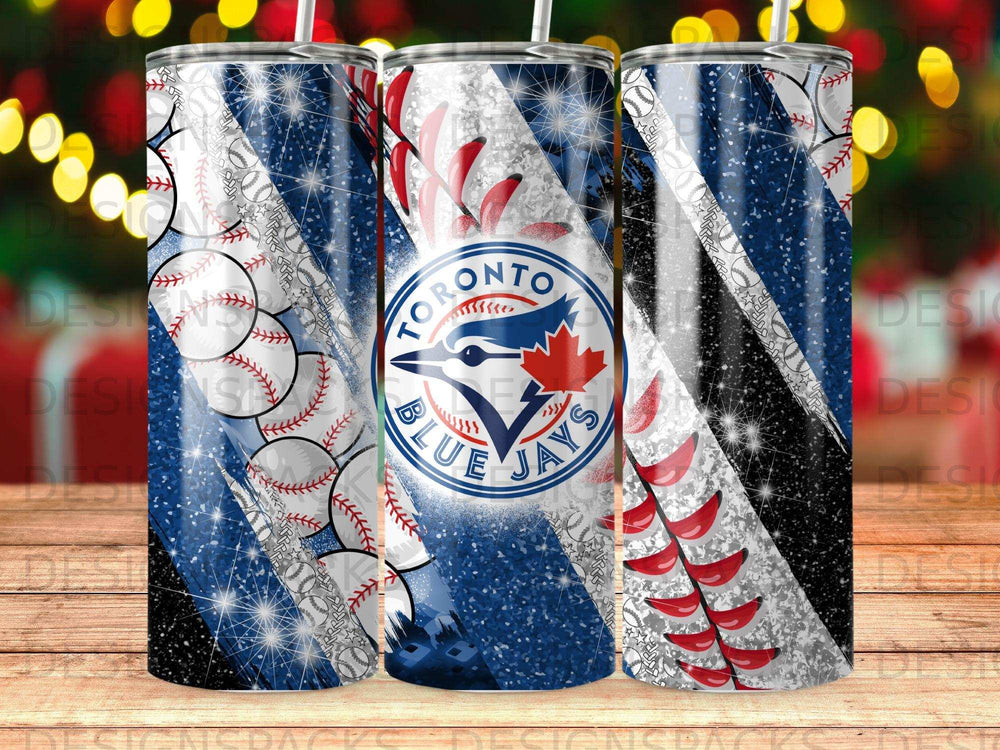 Blue Toronto Blue Jays tumbler with baseball and glitter designs.