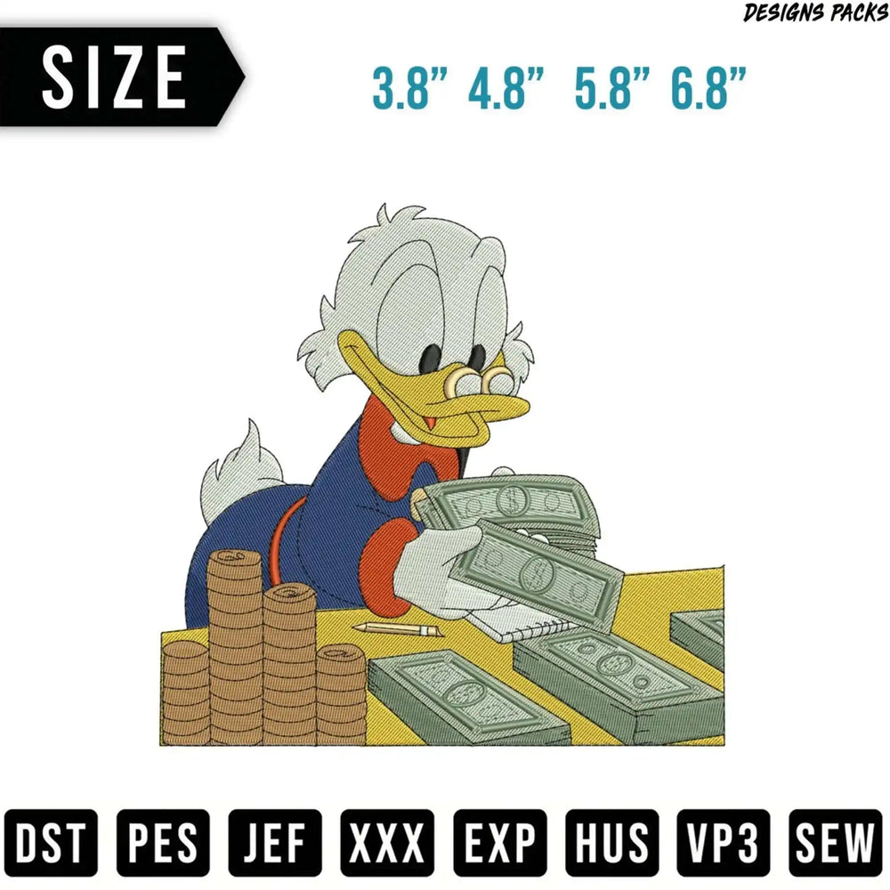 Scrooge McDuck holding stacks of US dollar bills, with size and format information.