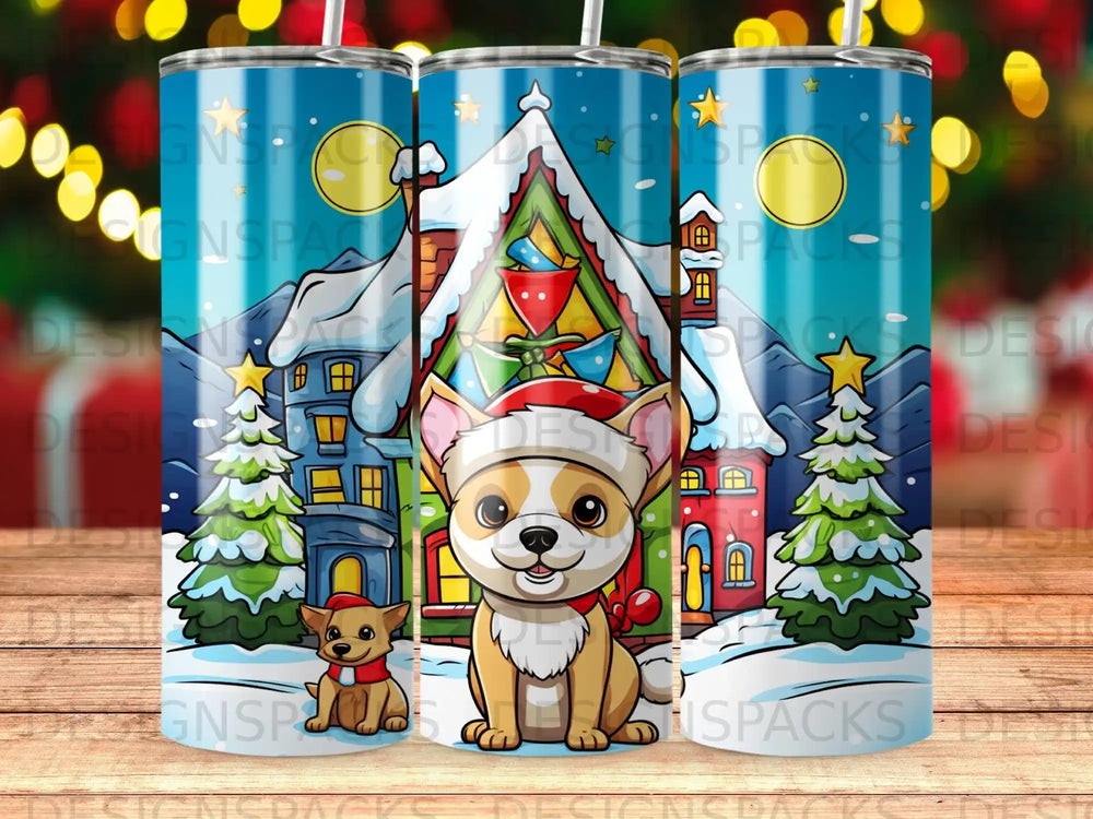 Christmas dog with Santa hat and gifts in front of a snowy house.