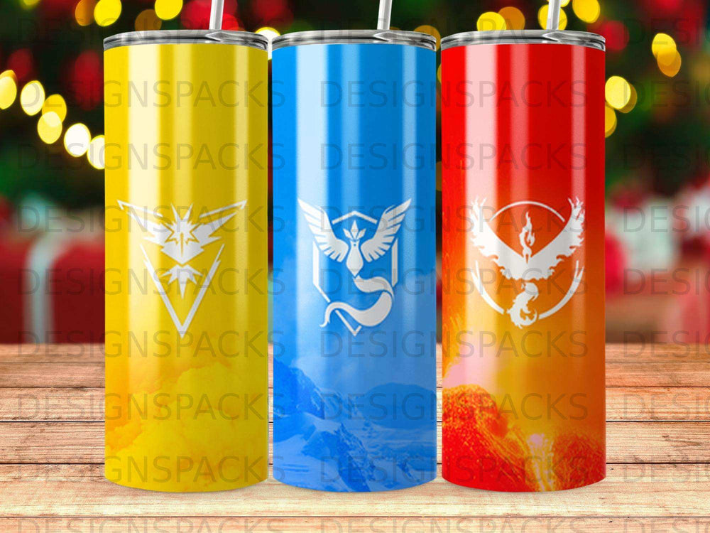 Three Pokemon-themed tumblers: yellow with Pikachu, blue with Articuno, and red with Moltres.