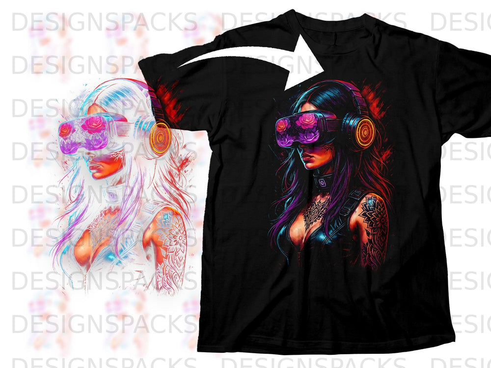 T-shirt graphic of woman with VR headset and headphones, vibrant digital art style.