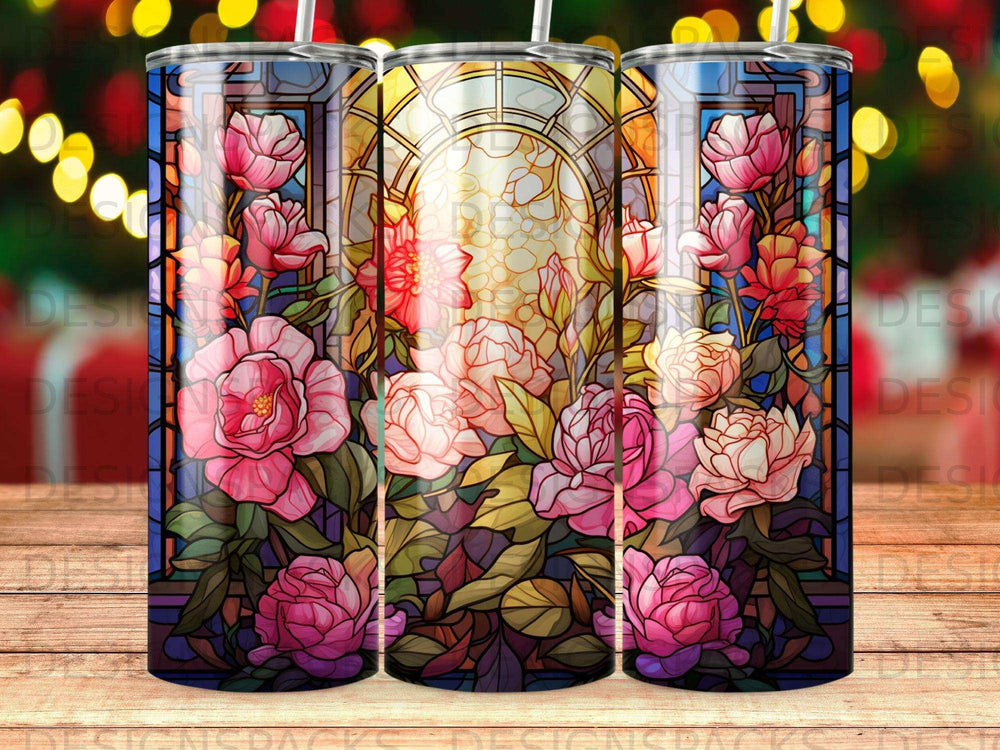 Stained glass tumbler featuring pink roses and a floral background pattern.