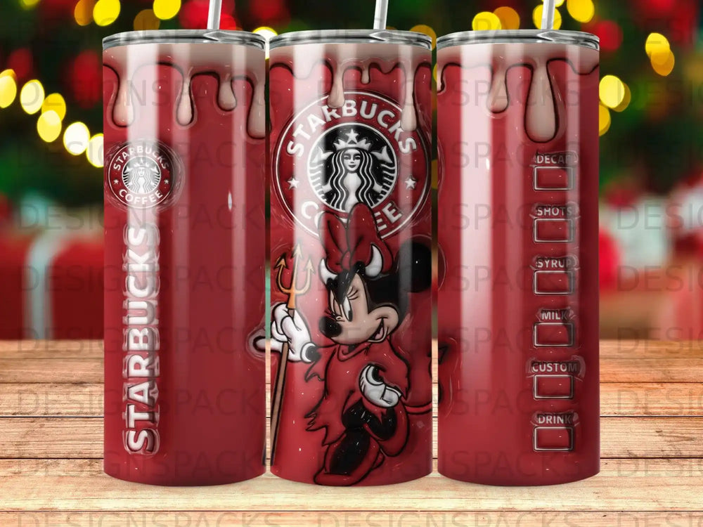Minnie Mouse in a red Starbucks uniform holding a coffee cup.