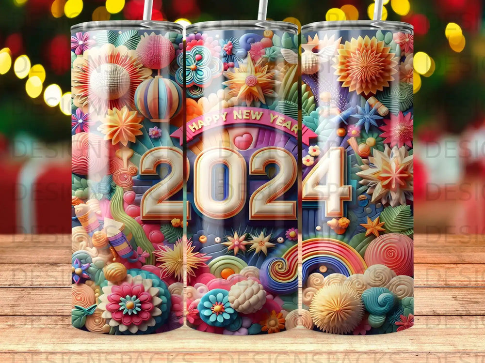 2024 New Year's design with colorful floral and celestial elements.