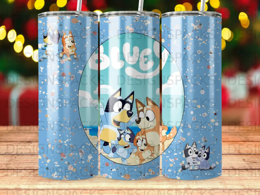 Bluey and Bingo characters on a beach with scattered blue confetti.