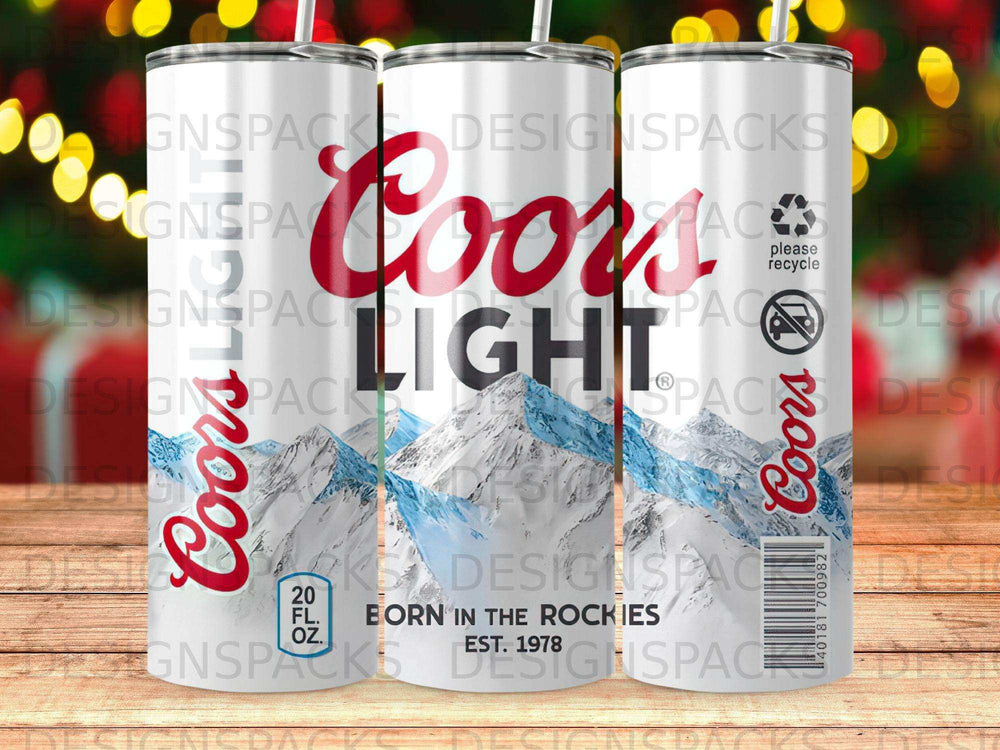 Coors Light 20 oz tumbler with mountain graphic and recycling symbol.