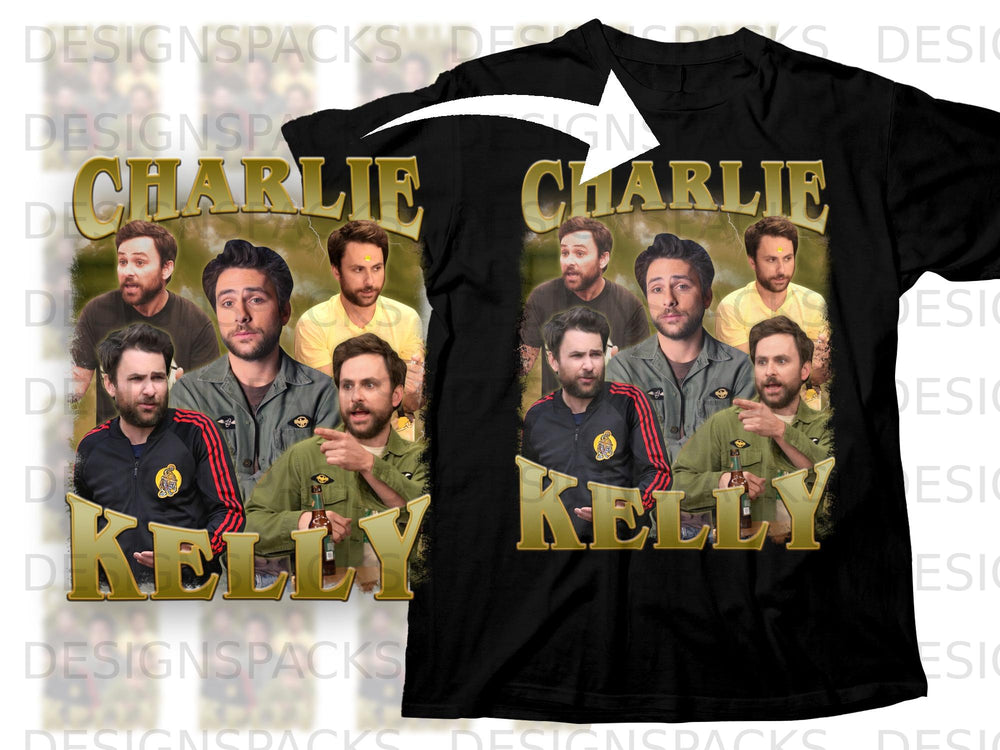 Black t-shirt design featuring "CHARLIE" and "KELLY" text with multiple portraits.