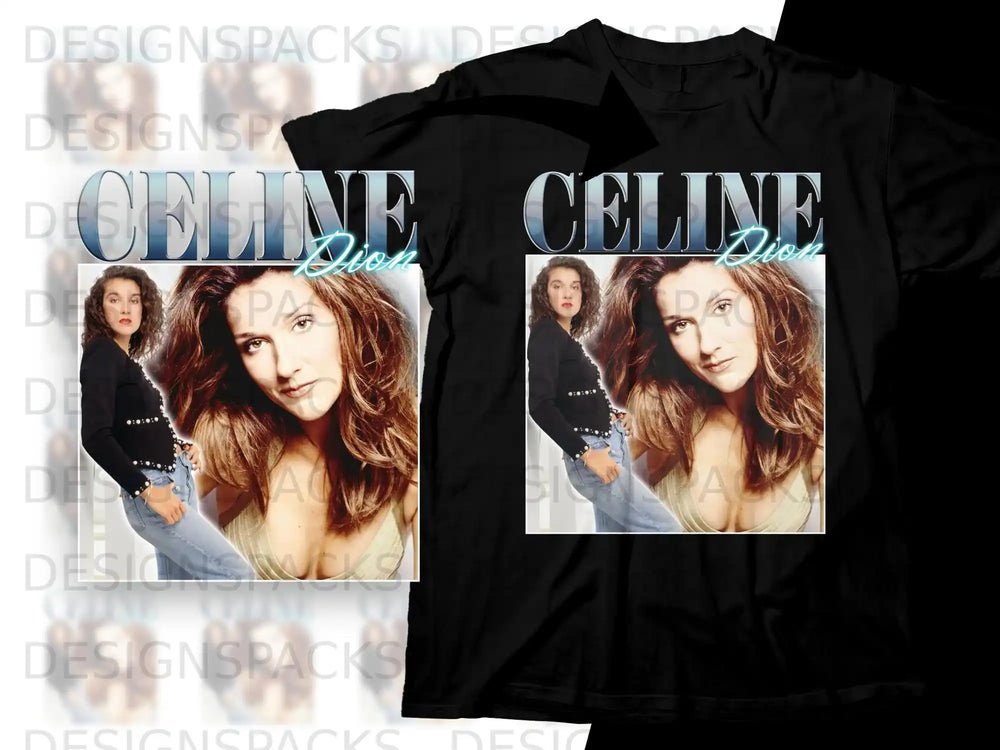 Celine Dion portrait on two black t-shirts with text.