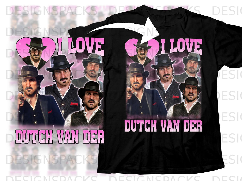Black t-shirt featuring "I Love Dutch Van Der" with portraits of characters.