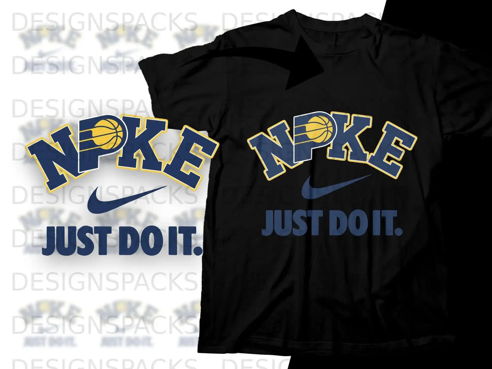 Black t-shirt with white and blue "NIKE JUST DO IT." graphic.
