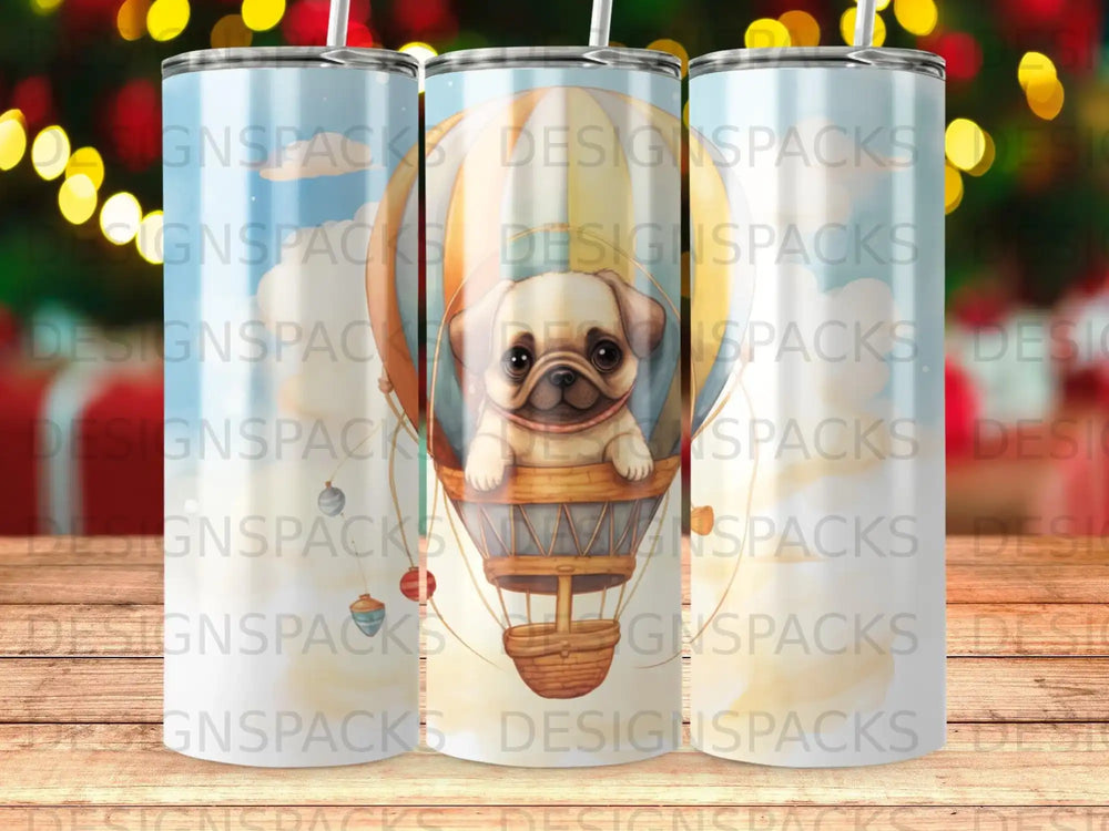 Pug in a hot air balloon, surrounded by a seamless pattern of "DESIGNSPACKS".