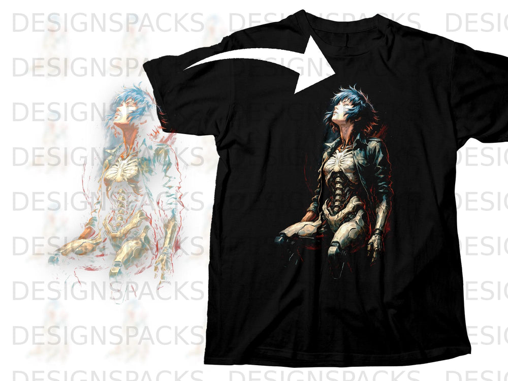Black t-shirt with a cyberpunk anime cyborg design featuring a woman.