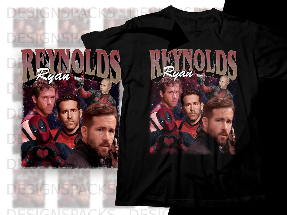 Ryan Reynolds as Deadpool and other characters on a black t-shirt.