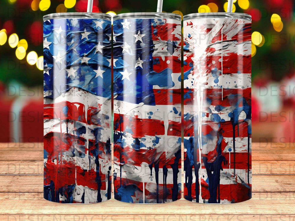 Tumbler with American flag design featuring red, white, and blue paint splatters.
