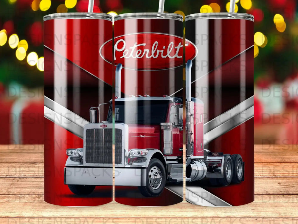 Red Peterbilt semi-truck with chrome accents and logo.