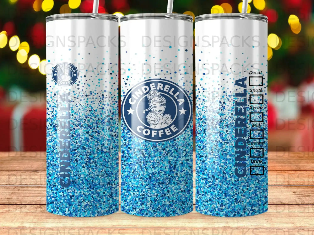 Three Cinderella Coffee tumblers with blue glitter and white text labels.