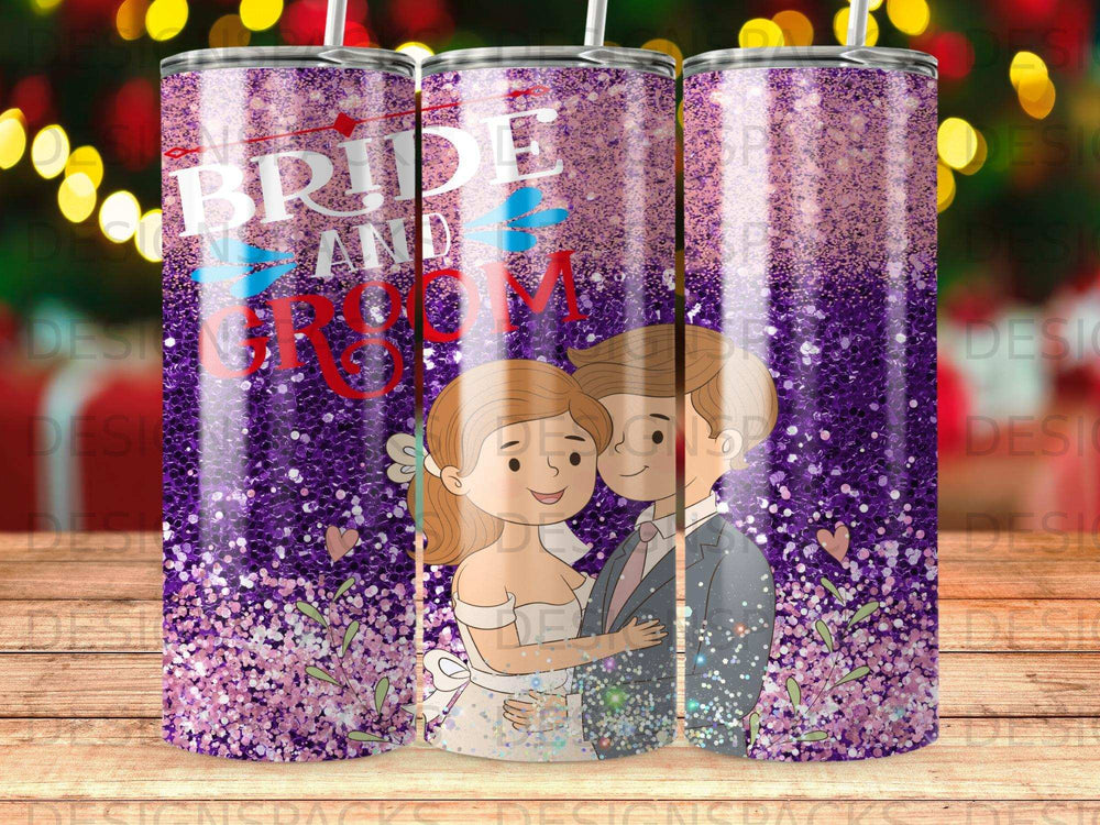 Bride and Groom illustration on a glittery purple tumbler.
