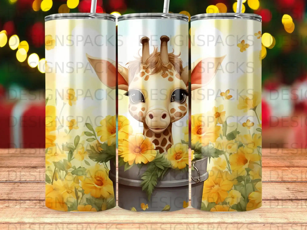Giraffe in bucket of yellow flowers, with "GNSPACKS" watermark.