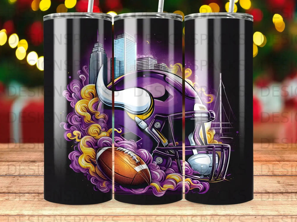 Minnesota Vikings helmet and football with city skyline background.