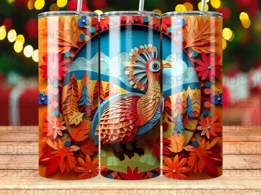 Colorful paper bird and autumn foliage on a patterned tumbler.