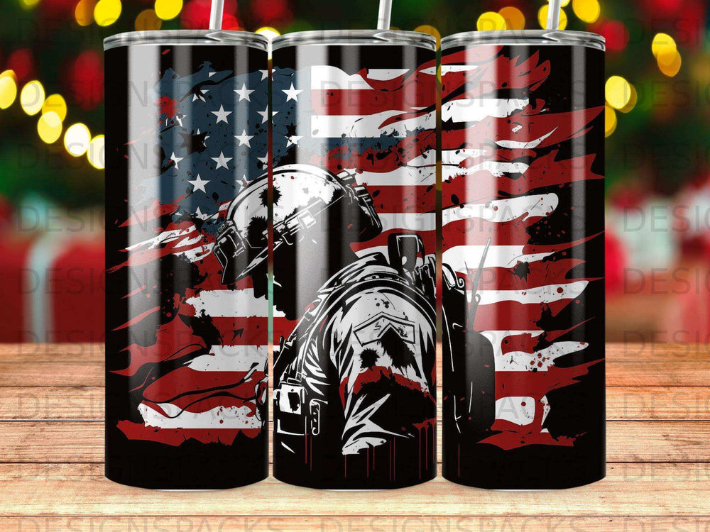 Soldier silhouette against distressed American flag on a tumbler.