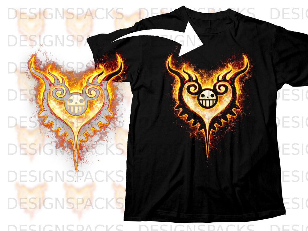 Black t-shirt with a flaming heart symbol featuring a skull face design.