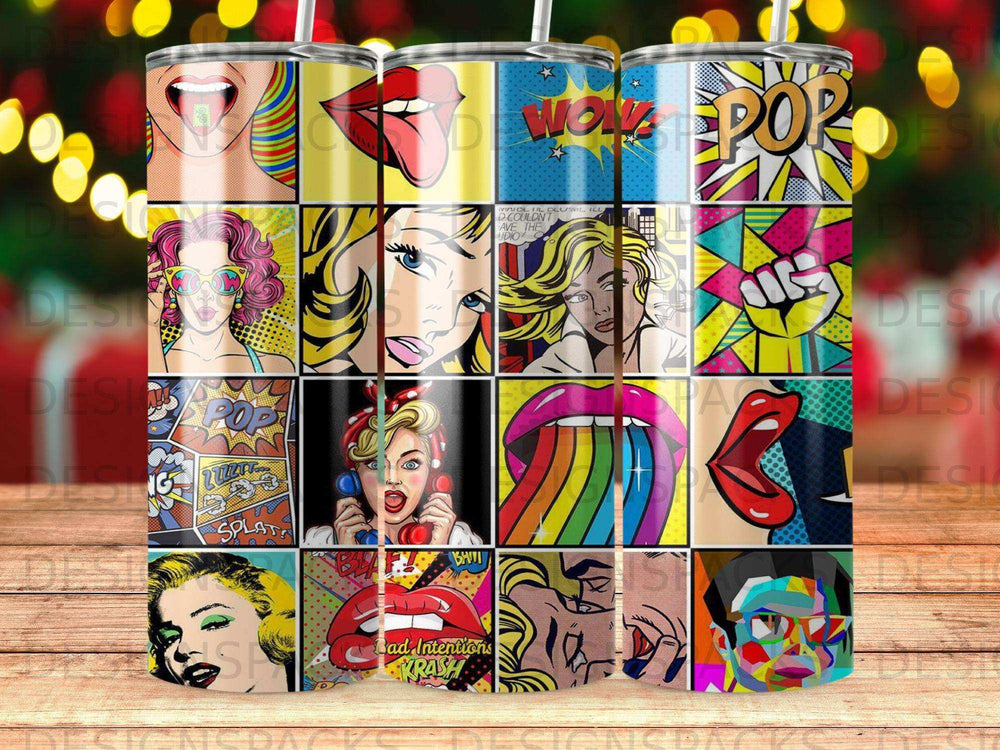 Pop art collage of comic book style faces, lips, and words.
