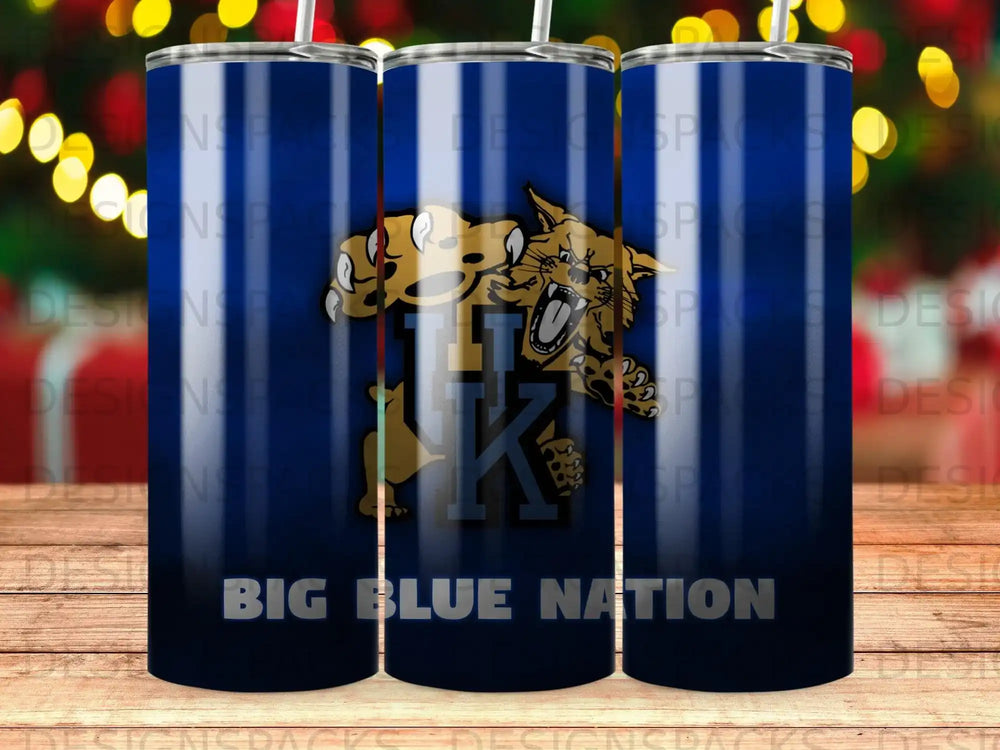 Kentucky Wildcats logo on a blue tumbler with "BIG BLUE NATION" text.