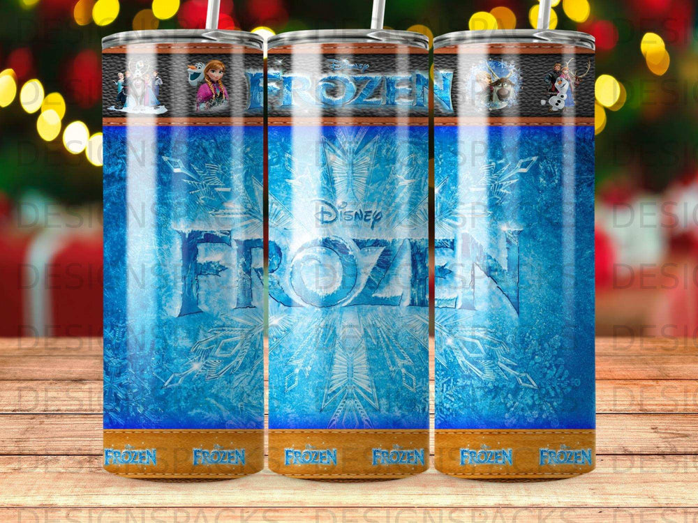 Frozen tumbler featuring Elsa and Olaf on a blue, icy background.