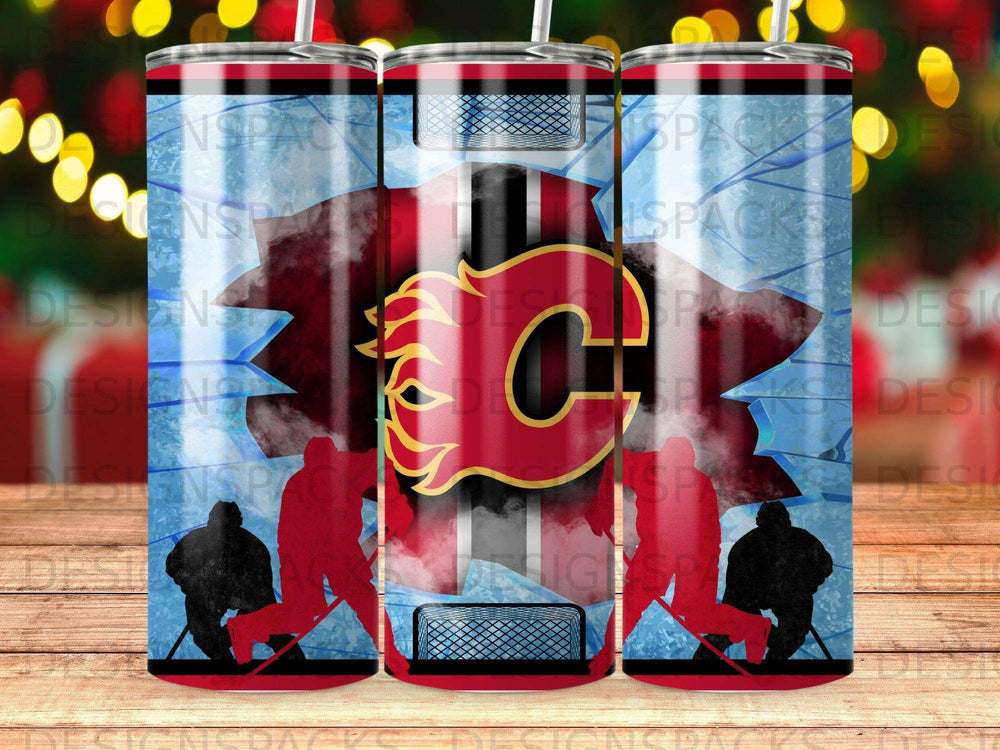 Calgary Flames hockey team logo on a tumbler with hockey player silhouettes.