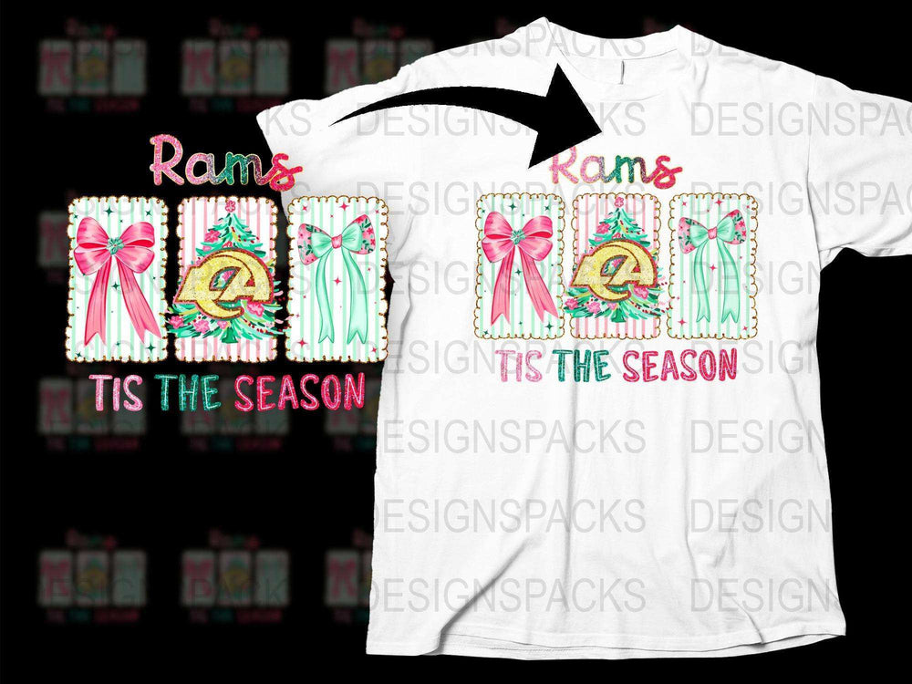 Rams Holiday T-Shirt, Festive Christmas Tee, Pink and Green Bow, Tis The Season Top, Graphic Design Shirt