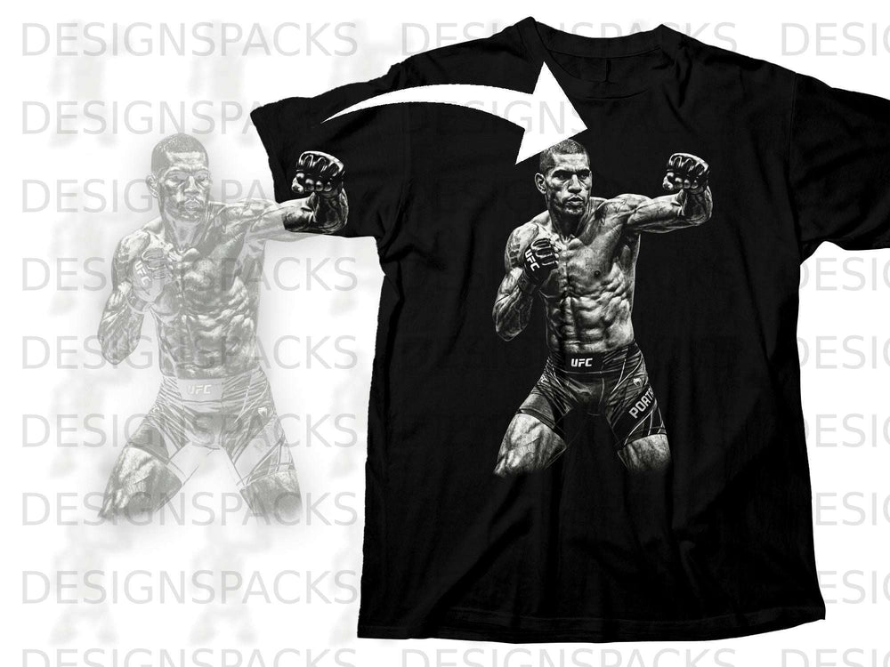 Black t-shirt with UFC fighter Alex Pereira graphic and white arrow.