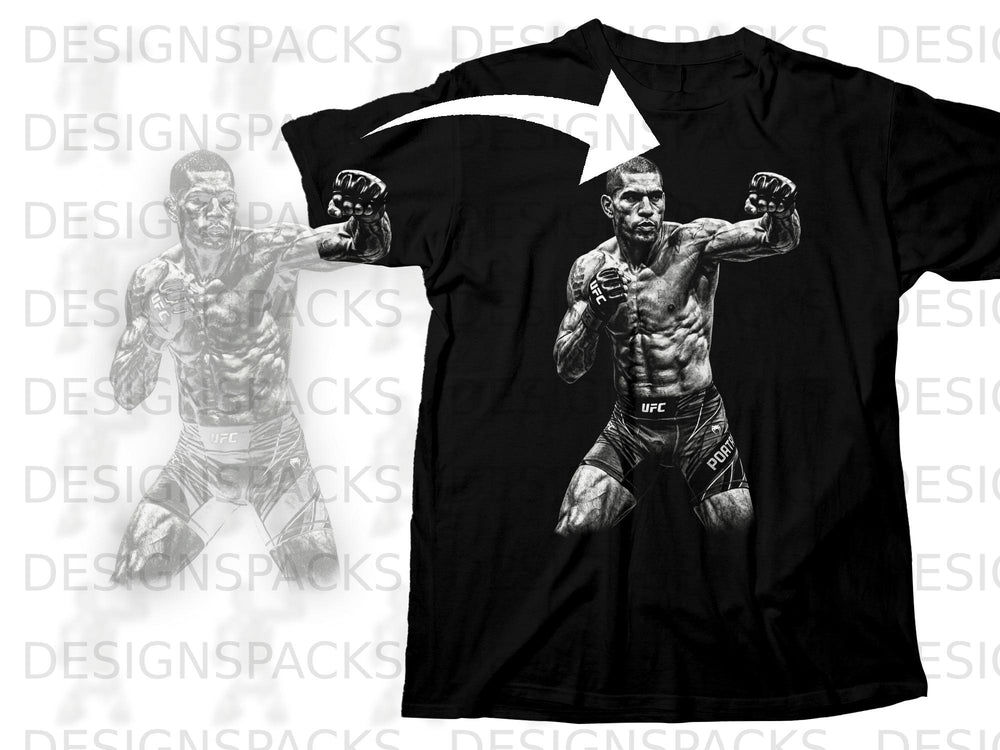 Black t-shirt with UFC fighter Alex Pereira graphic and white arrow.