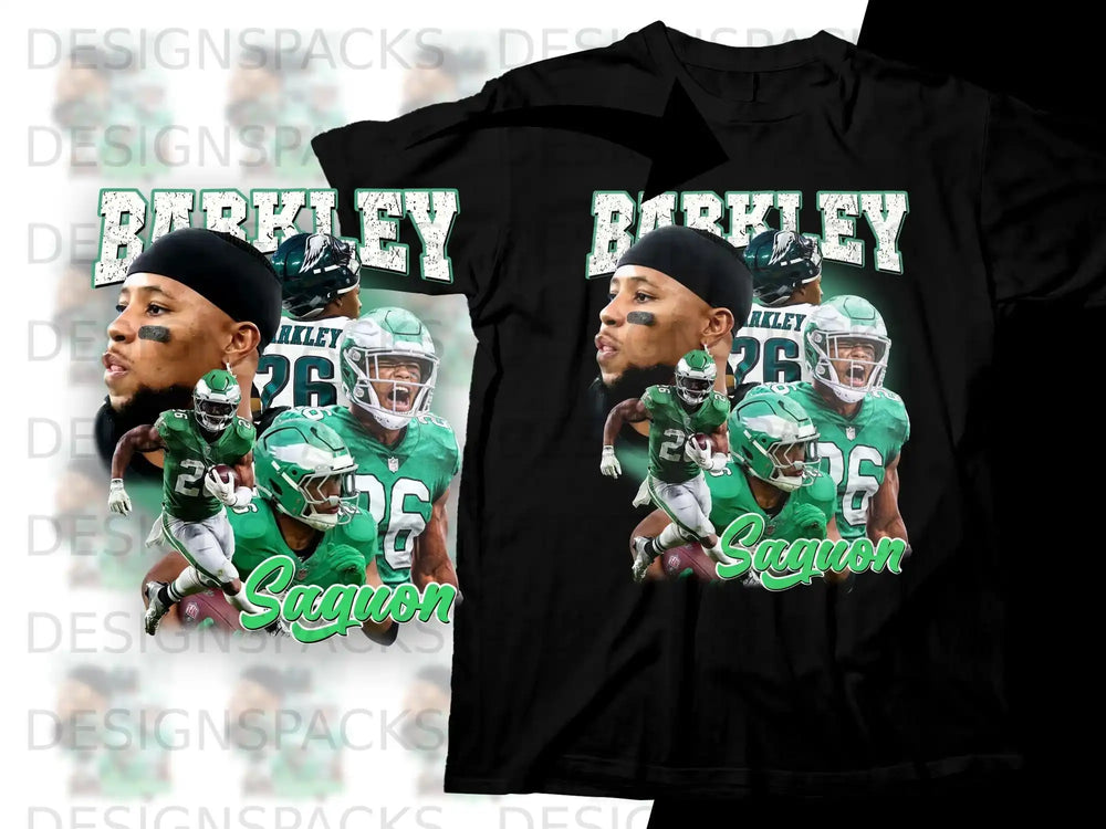 Philadelphia Eagles player Saquon Barkley on a black t-shirt graphic.