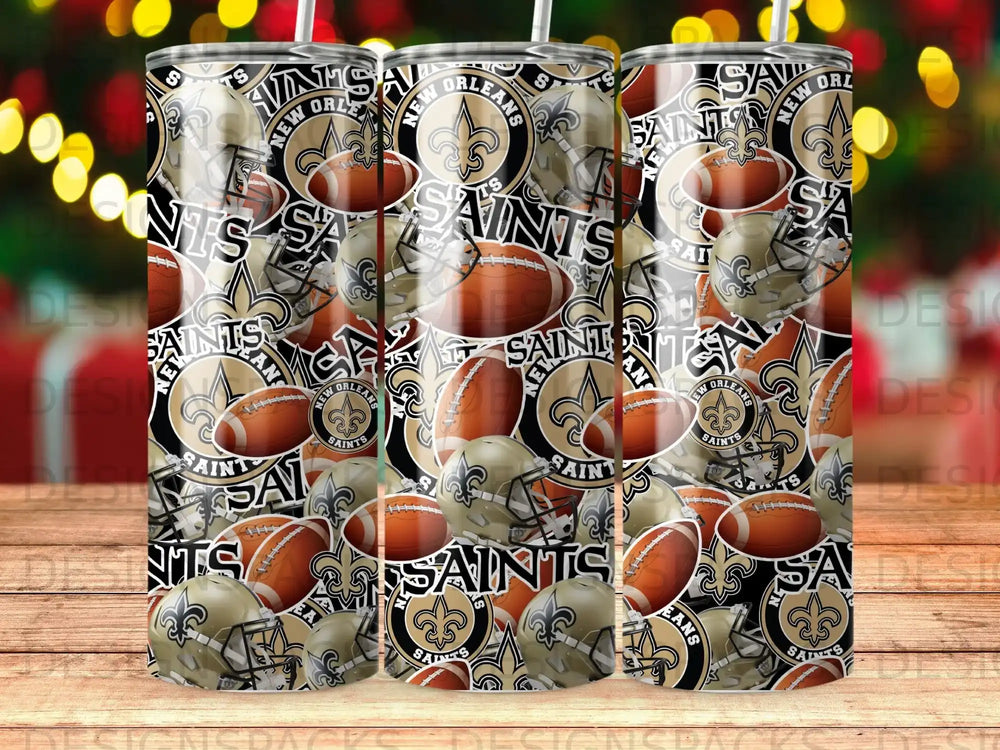 New Orleans Saints helmets, footballs, and logos on a tiled background.