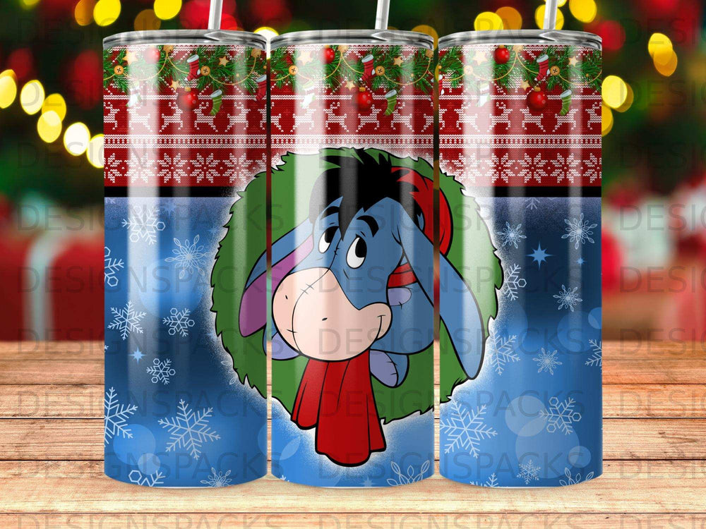 Eeyore with snowflakes and festive holiday border on a tumbler.