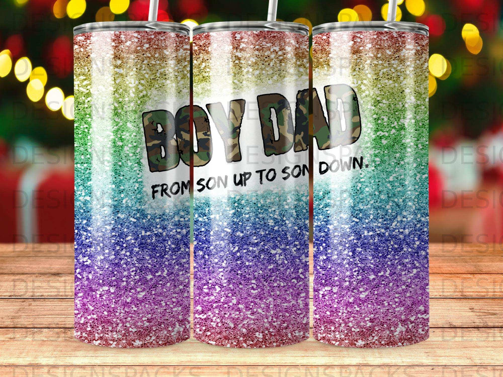 Glittery tumbler with "BOY DAD" and "FROM SON UP TO SON DOWN." text.