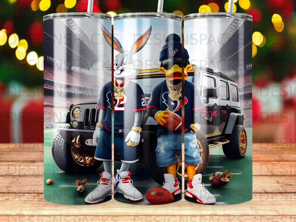 Bugs Bunny and Daffy Duck in Houston Texans jerseys with a truck.