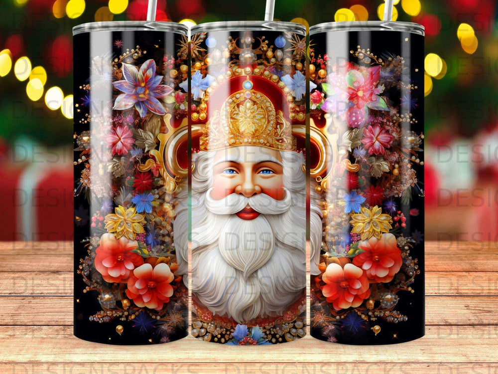 Santa Claus portrait with ornate gold crown and floral accents on a tumbler.