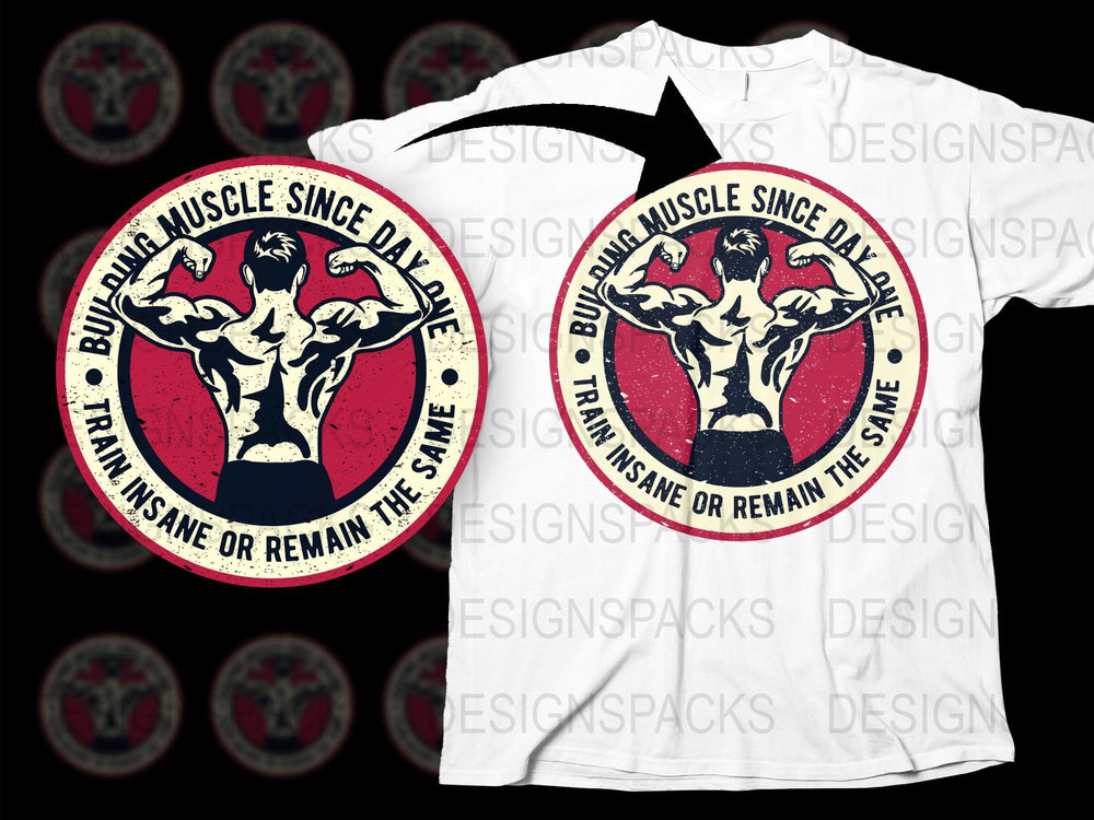Vintage Muscle T-Shirt, Bodybuilding Graphic Tee, Train Insane Gym Shirt, Retro Fitness Apparel, Bold Red and White Design