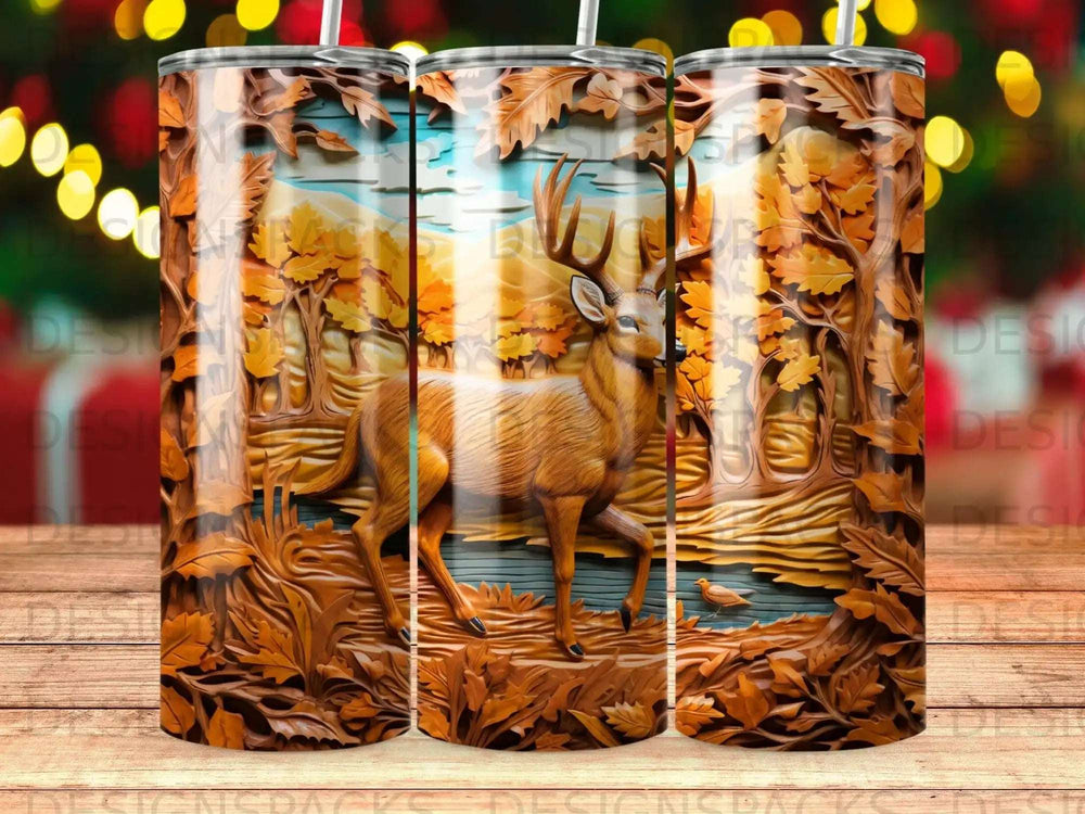 Carved wooden tumbler with deer in forest scene and autumn leaves.