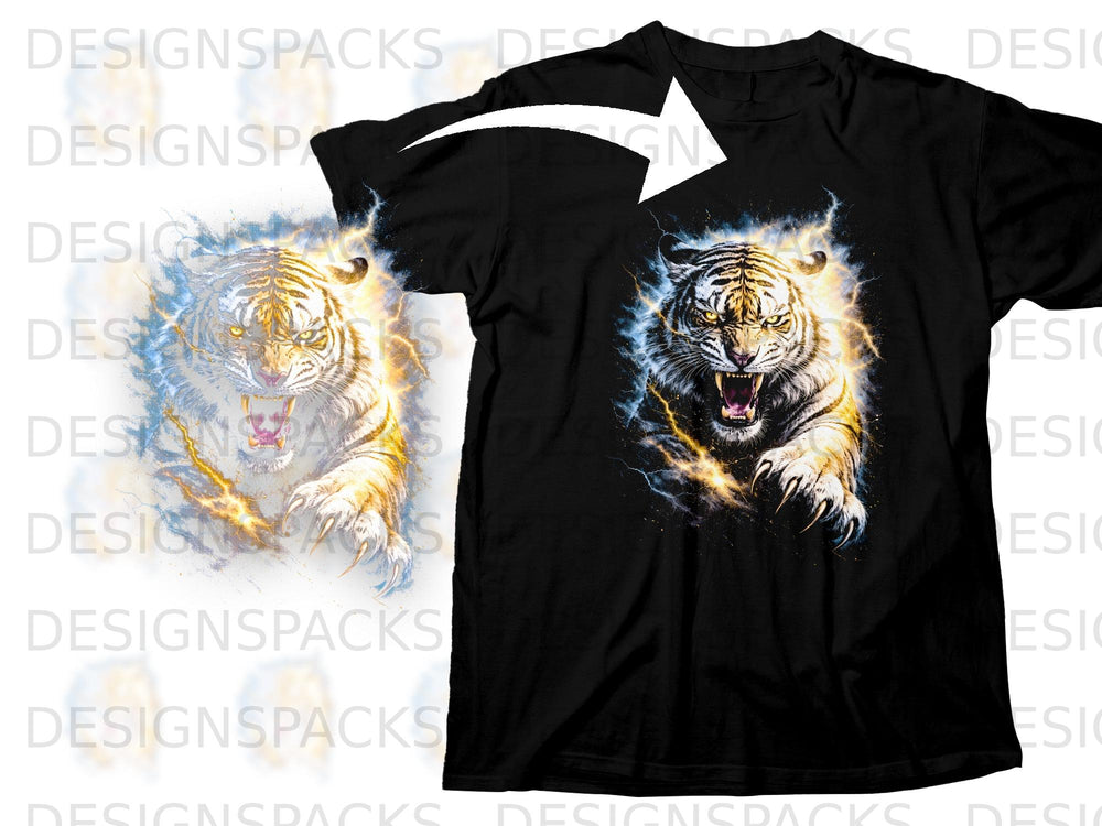 Black t-shirt with a roaring tiger graphic surrounded by lightning and energy effects.
