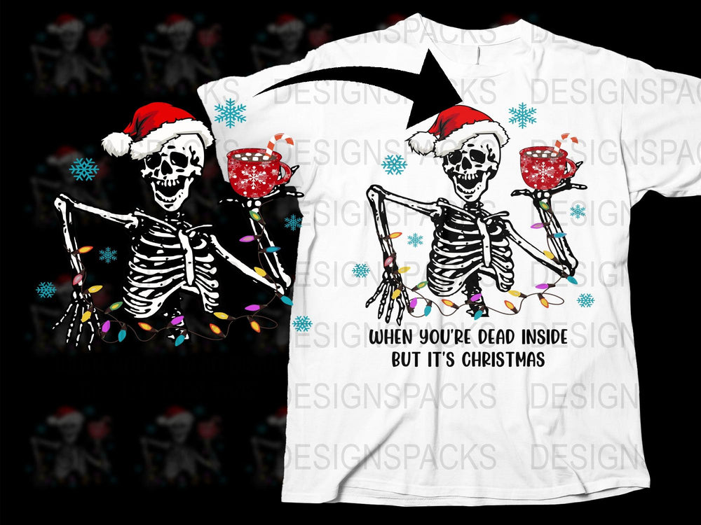 Funny Skeleton Christmas T-Shirt, Dead Inside But It's Christmas, Holiday Tee with Santa Hat, Unisex Graphic Shirt