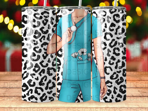 Nurse in blue scrubs holding stethoscope against leopard print background.