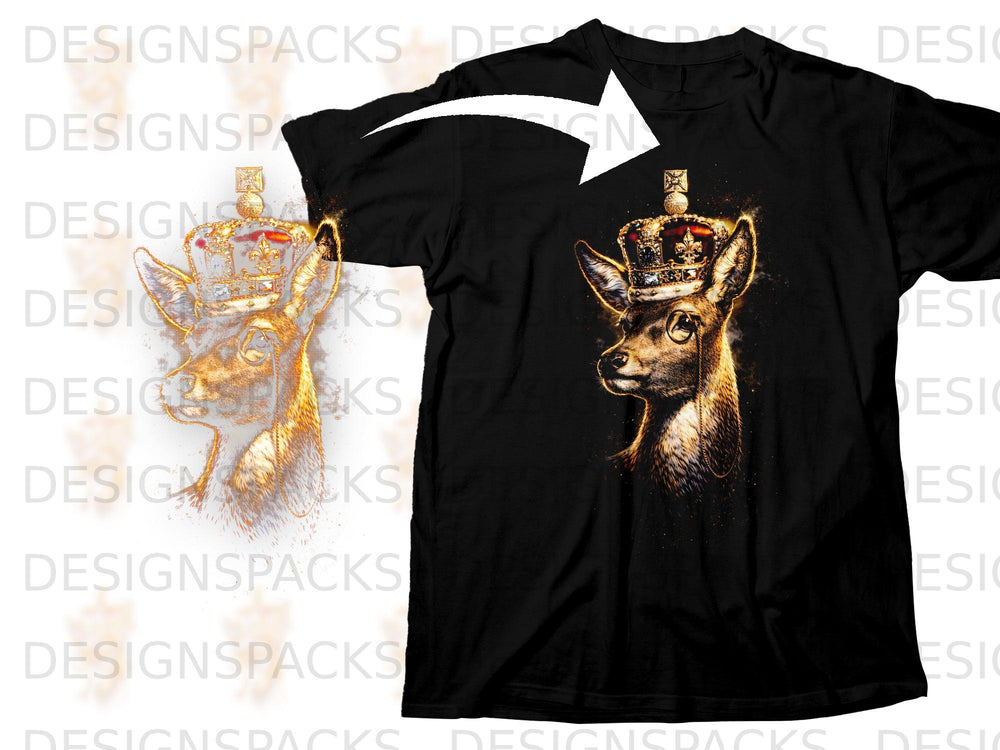 Black t-shirt featuring a deer wearing a crown and monocle graphic.